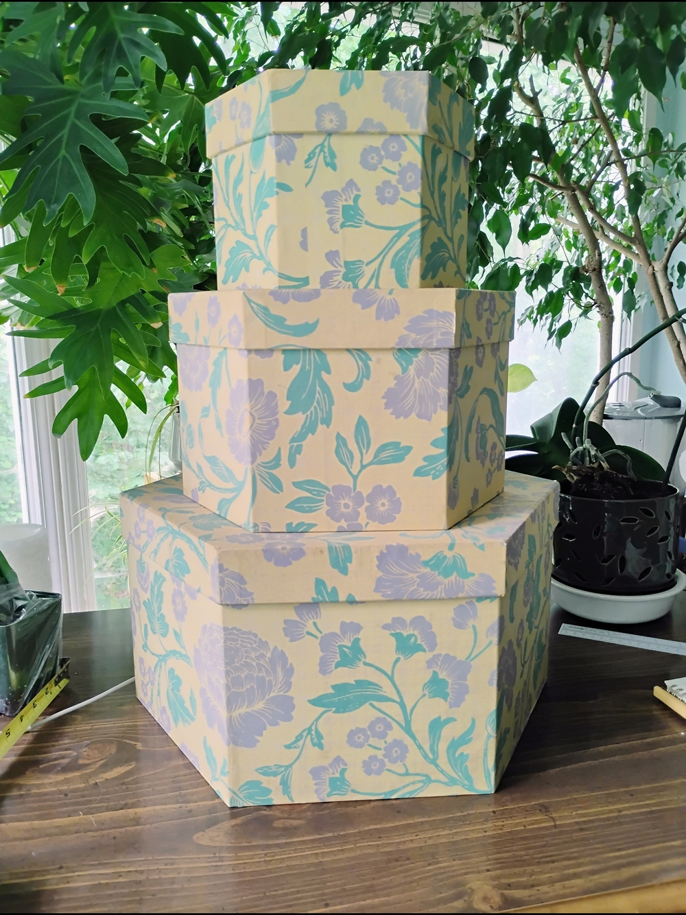 Set Of 3 Vintage Hat Boxes Yellow W/Lavender And Green Floral